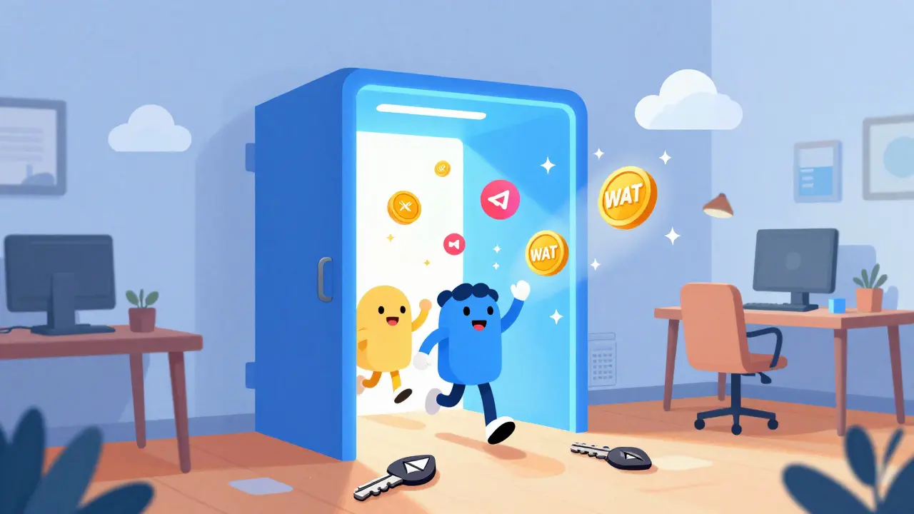 Cartoon characters entering a glowing blue portal representing the new WATCoin Telegram app.