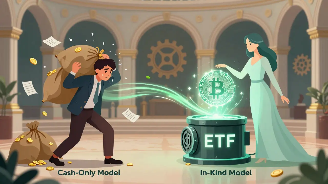 Cartoon comparison of stressful cash-only vs easy in-kind ETF models