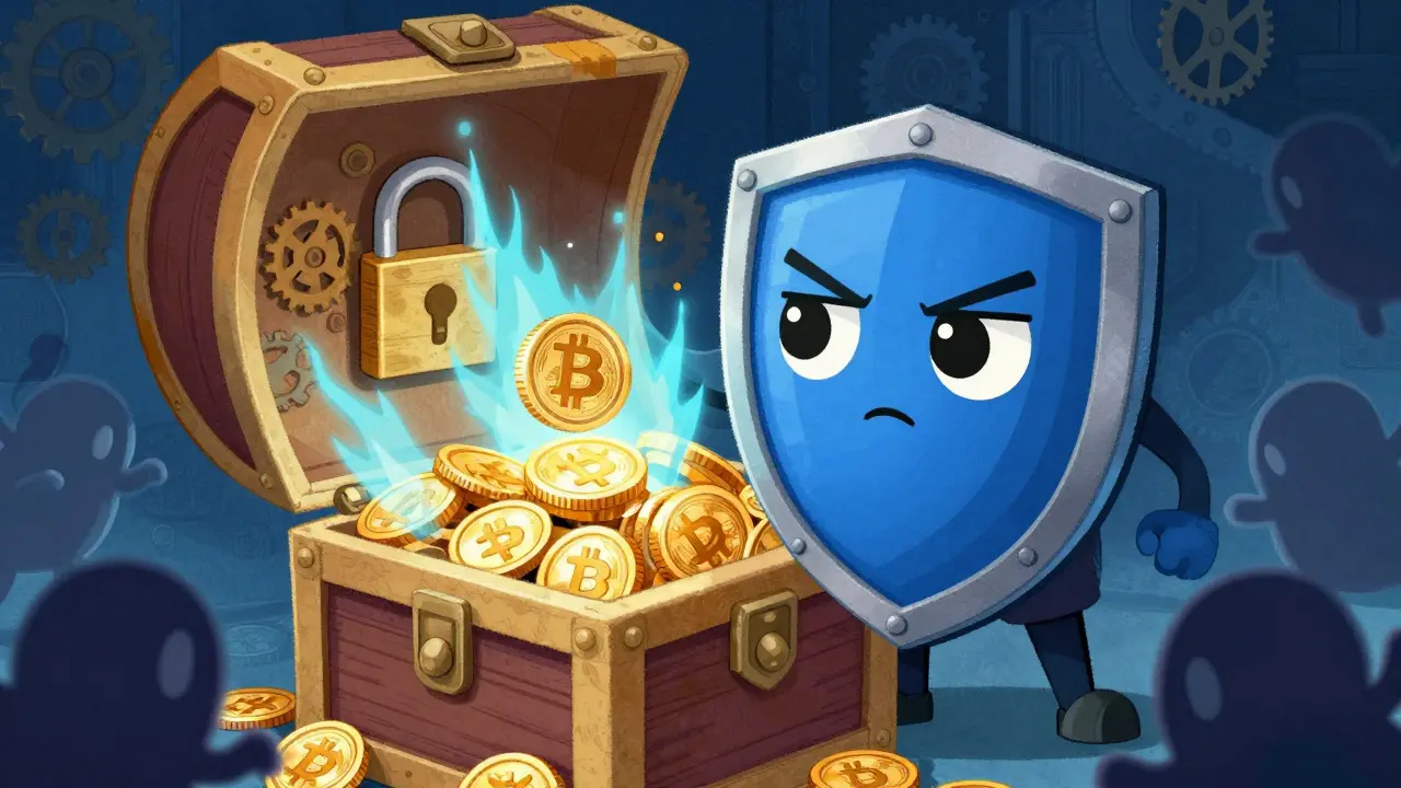Cartoon security shield protecting crypto assets from shadowy threats with glowing energy barriers.