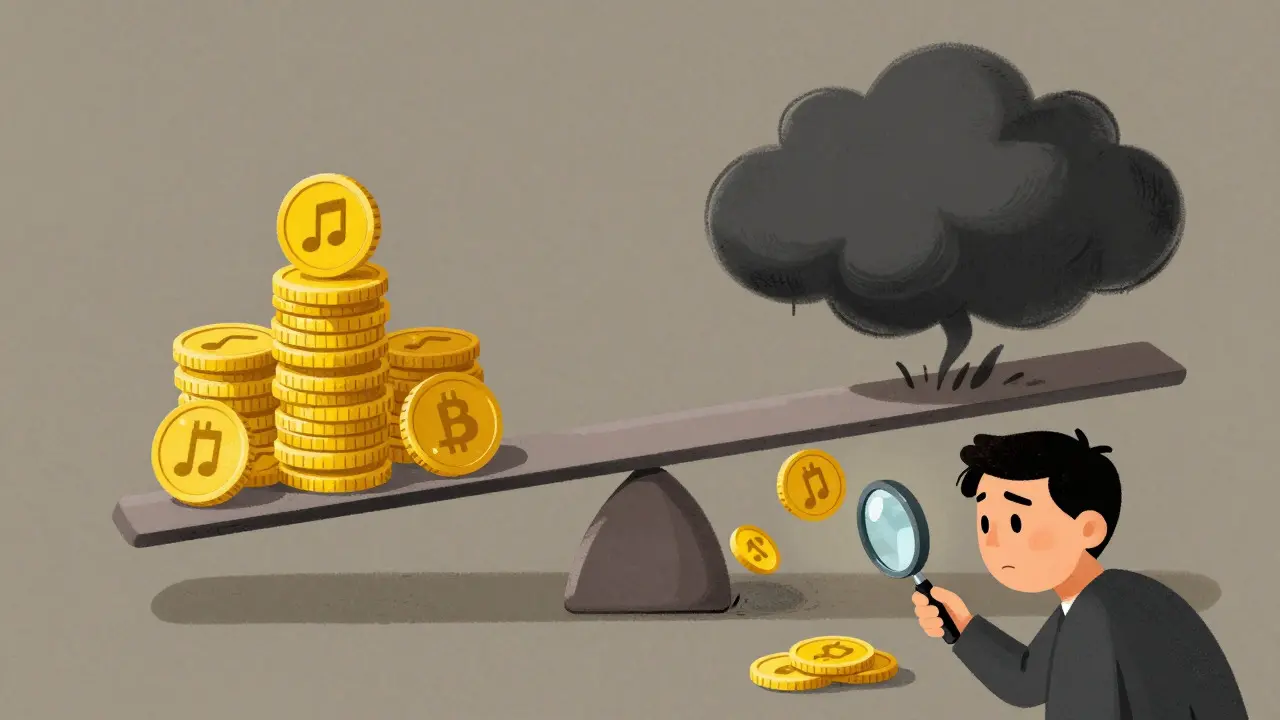 Cartoon seesaw balancing music coins against a volatility cloud, showing investment risk.