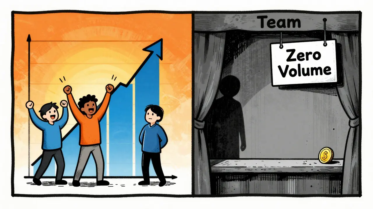 Cartoon showing a contrast between high hopes and zero trading volume for a crypto token.