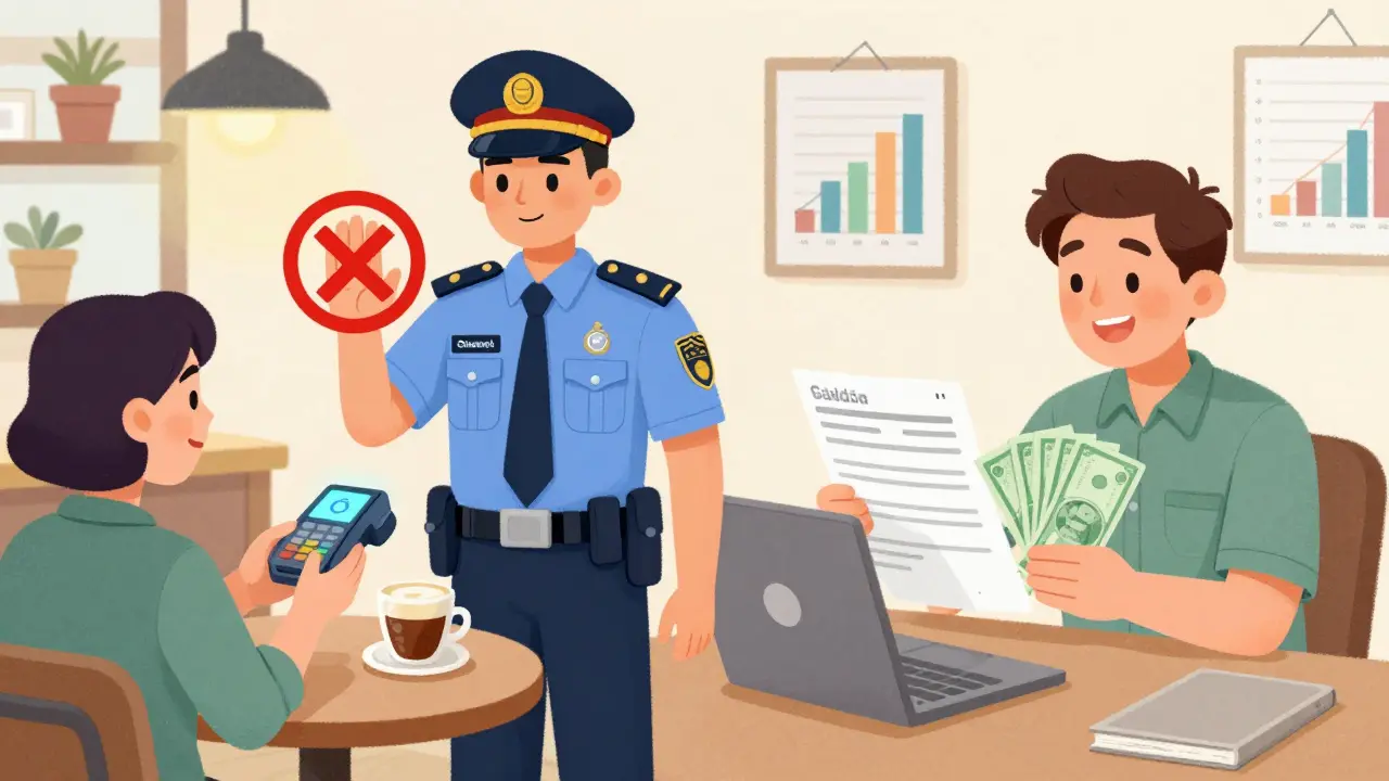 Cartoon showing crypto trading allowed but payments prohibited in cafes