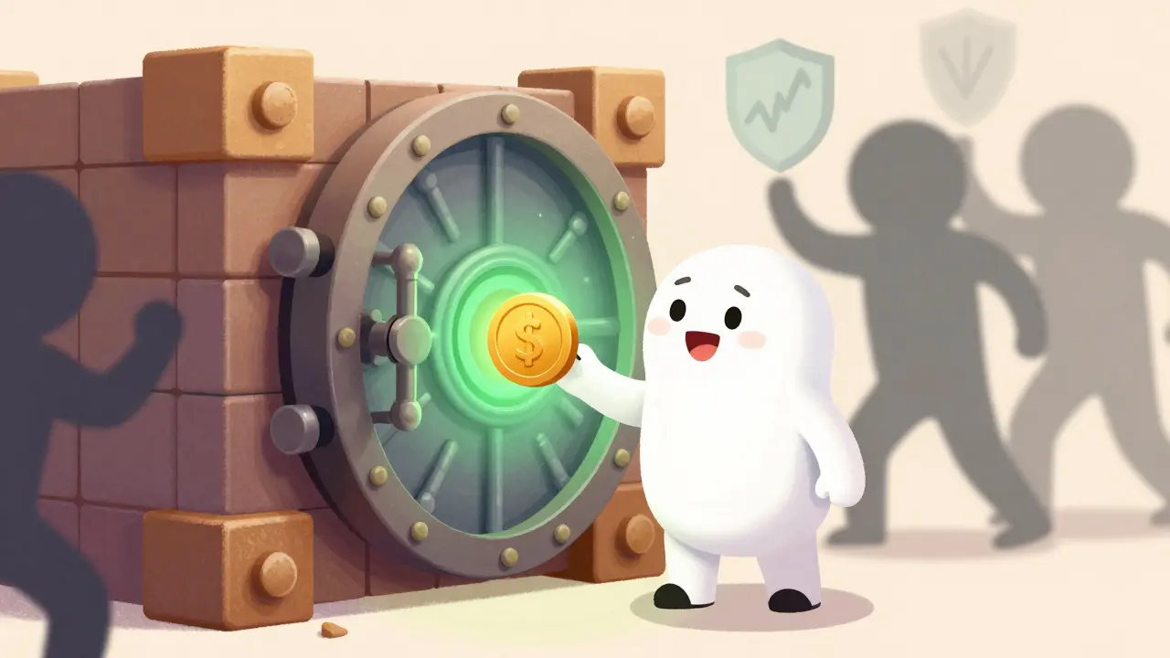 Character securing a blockchain vault with a gold coin instead of a key.
