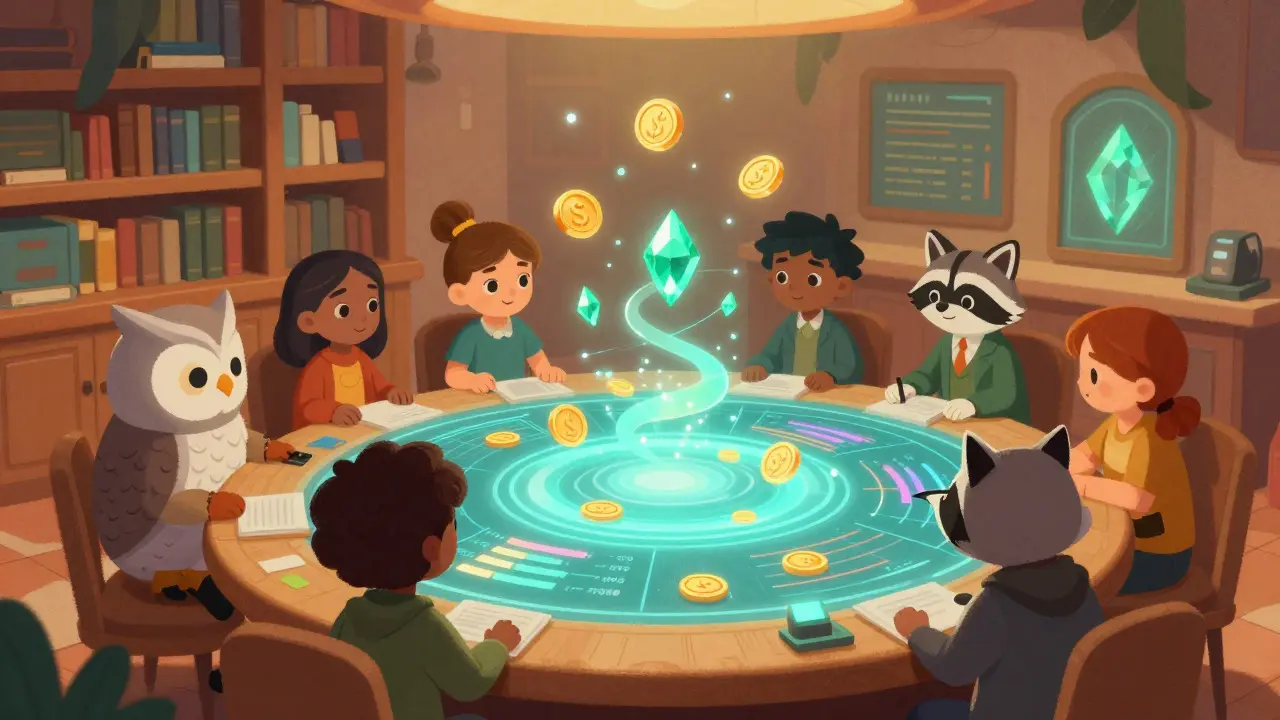 Characters analyzing glowing liquidity charts in a cozy, futuristic library.