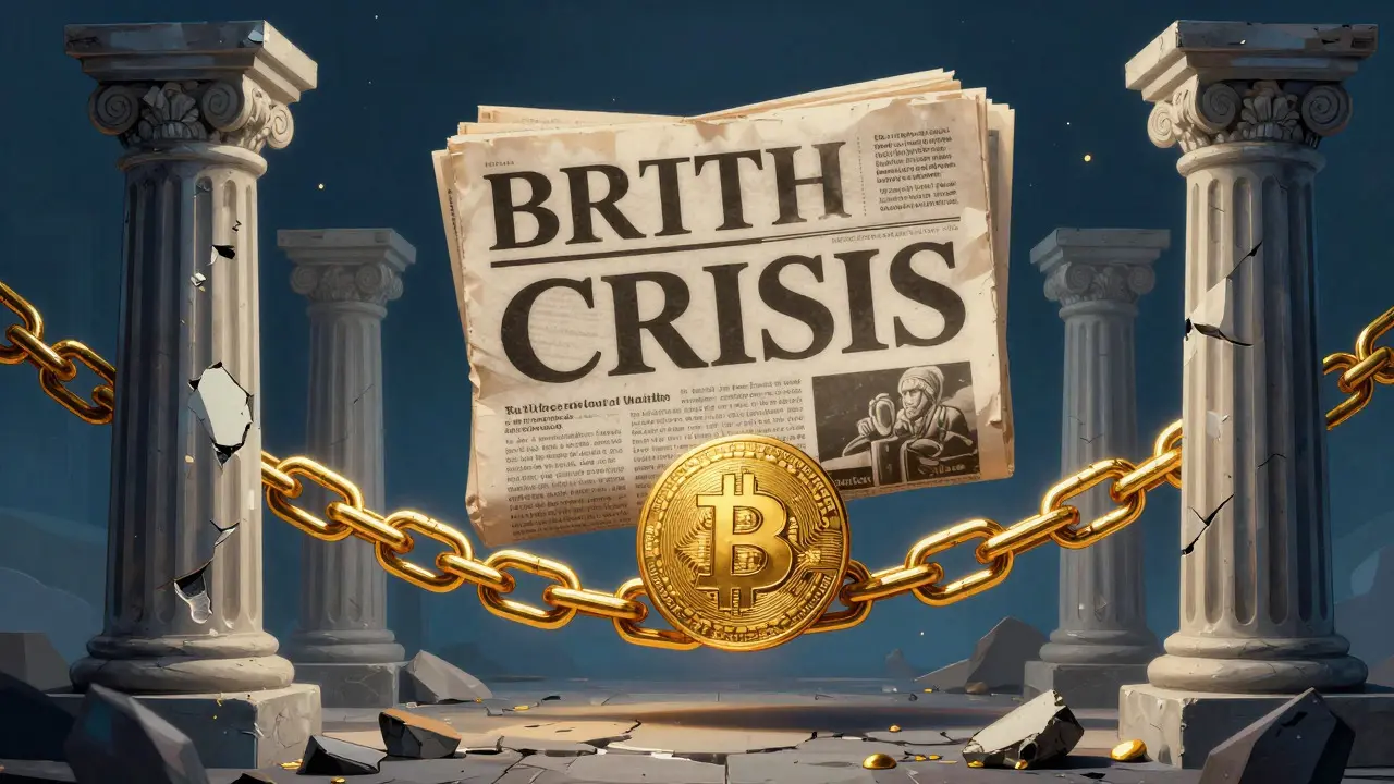 Conceptual art showing Bitcoin emerging as a solution to traditional bank failures