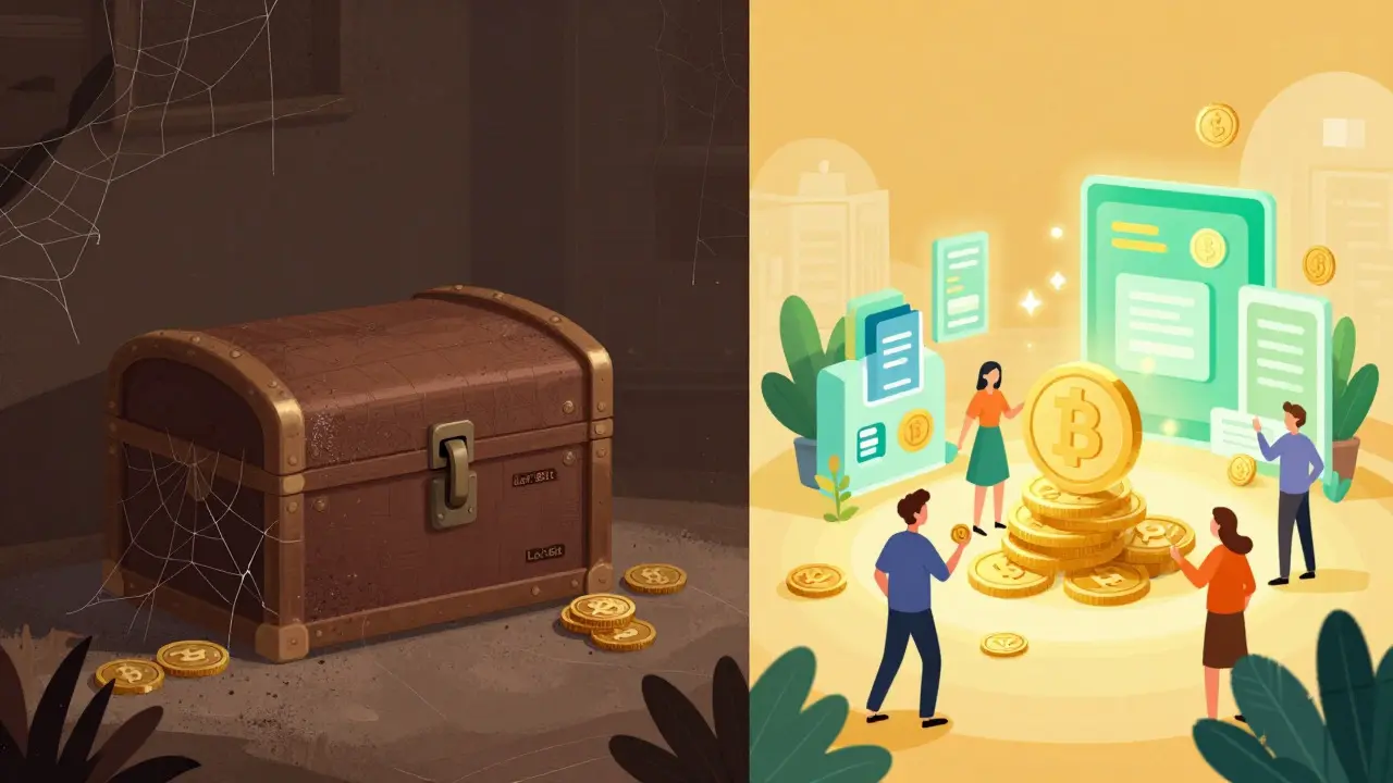 Contrast between a dusty locked chest and a vibrant, active trading hub
