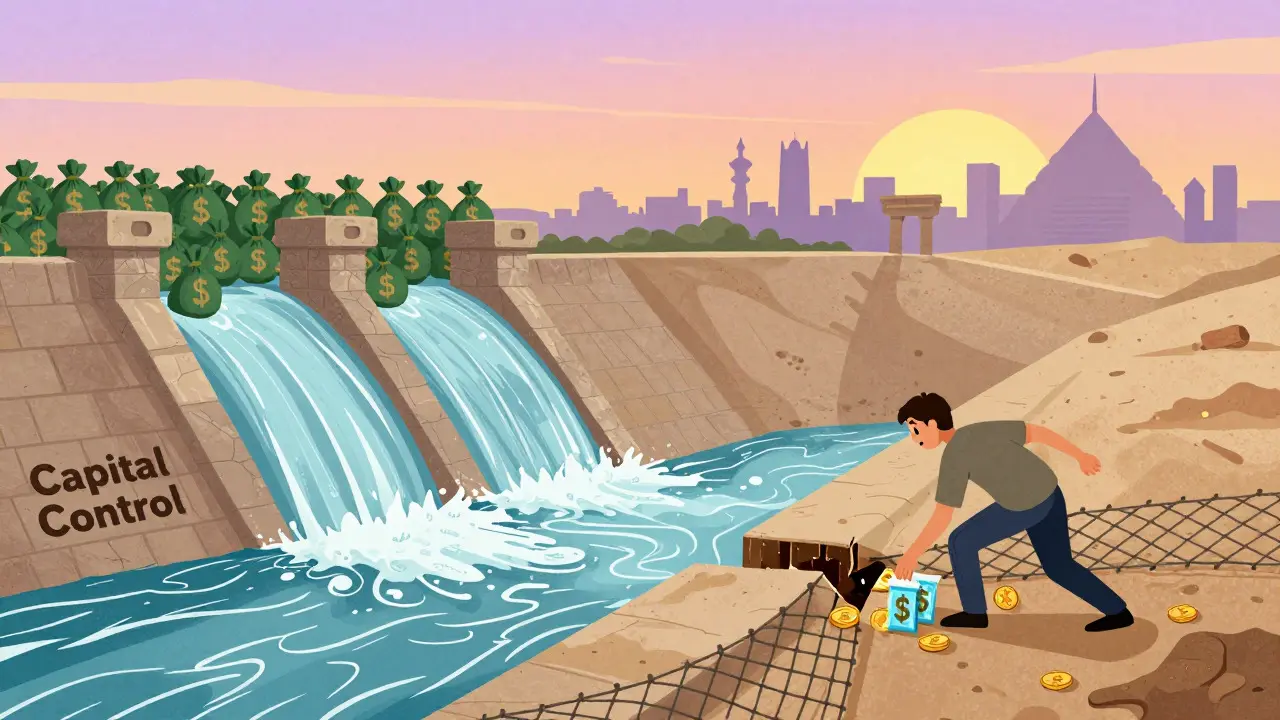 Dam blocking capital flight in illustration