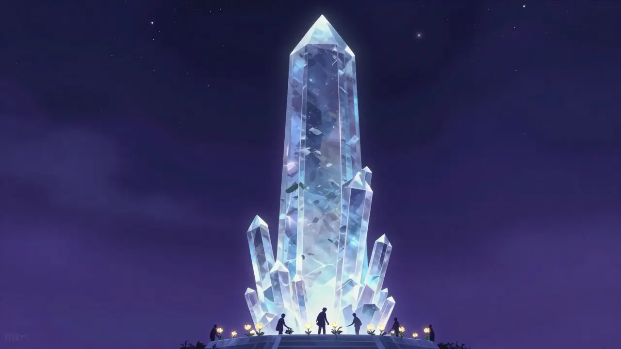 Digital monument receiving tribute flowers, symbolizing the unspendable Genesis Block