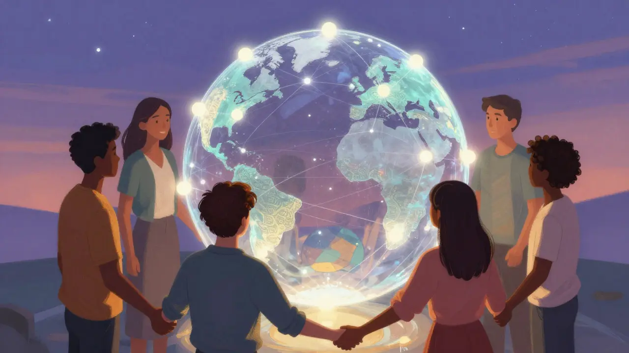 Diverse group connecting around a glowing blockchain globe at twilight