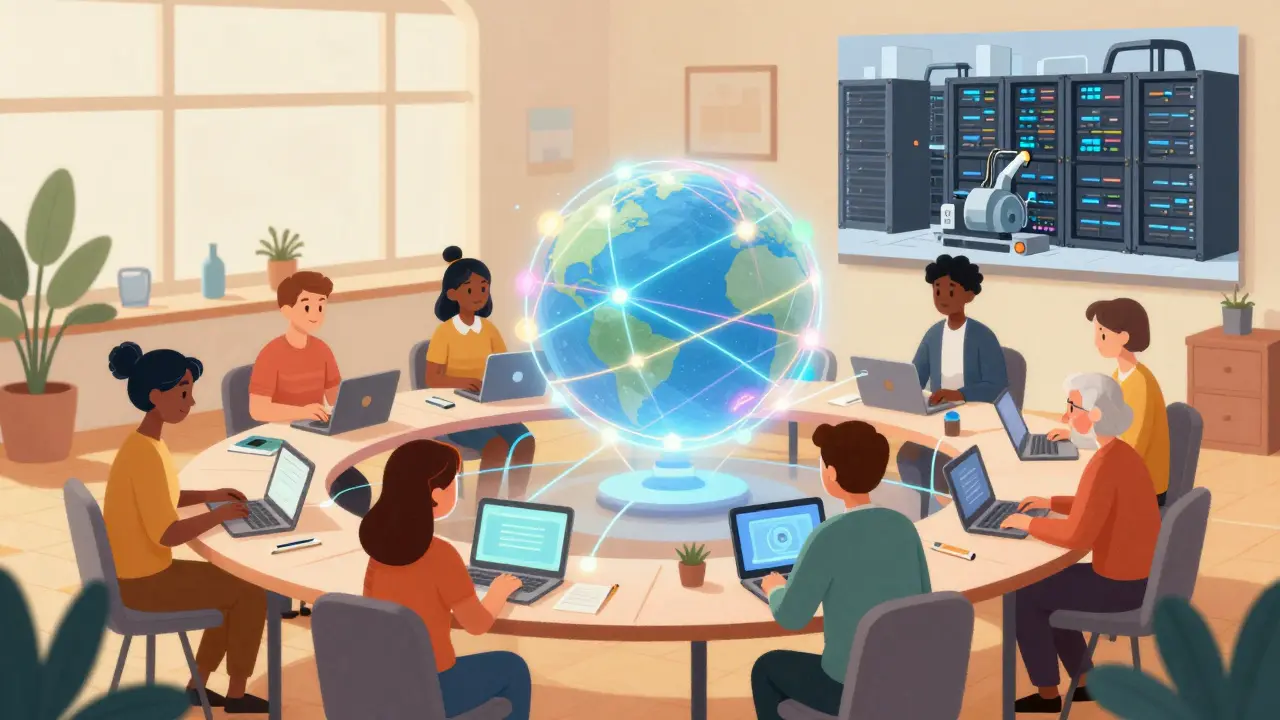 Diverse people connecting to a blockchain network via simple laptops.