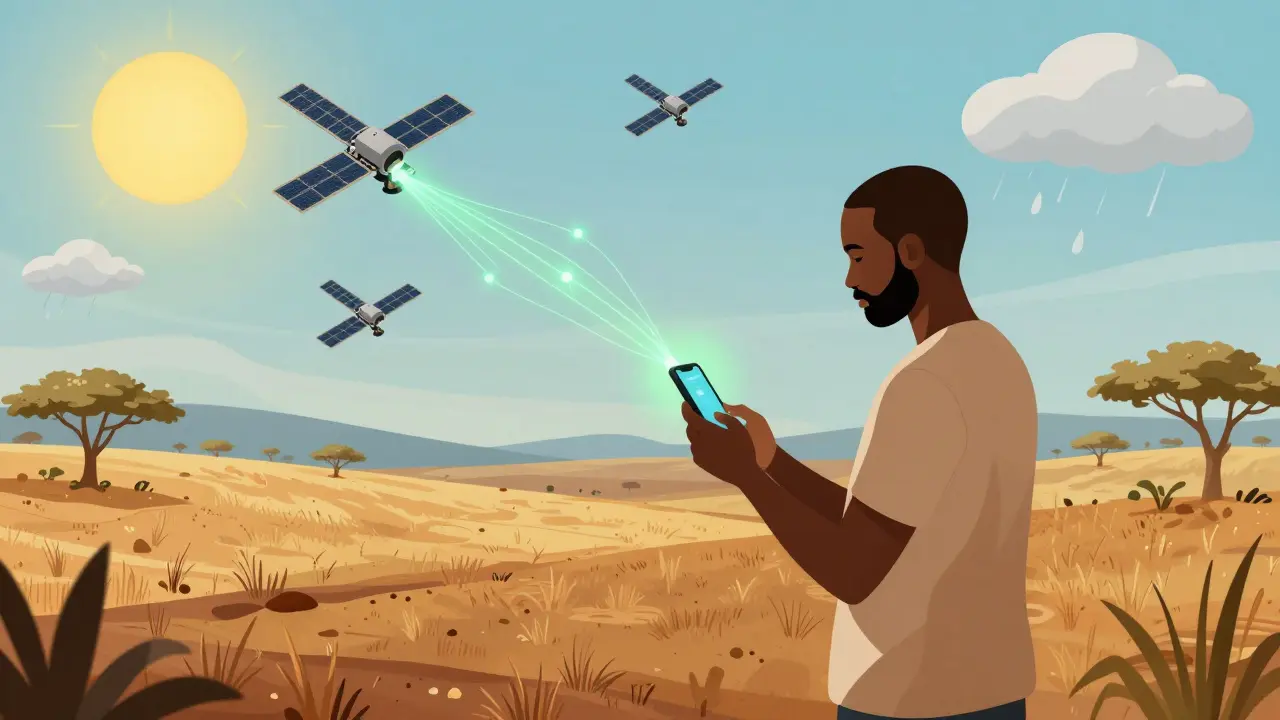 Farmer using smartphone to receive automated drought compensation via satellite