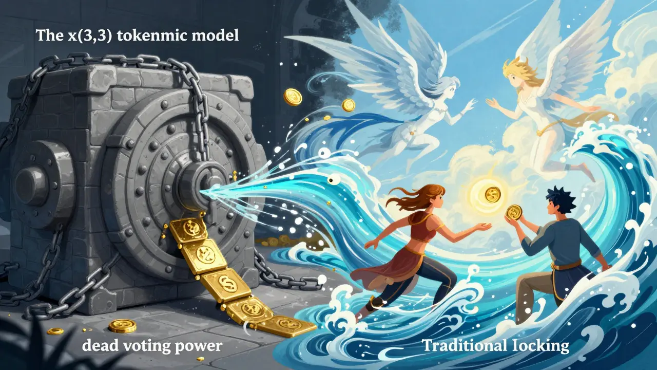 Fluid water spirits contrasting with a rigid stone vault representing token locks.