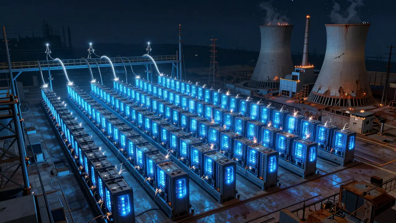 Glowing crypto mining servers draining power from a crumbling, aged electrical grid.