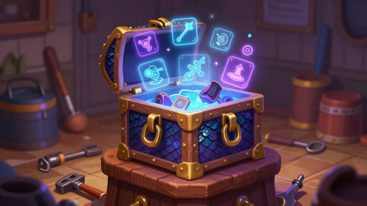 Glowing NFT weapon box with floating power-up icons in a garage