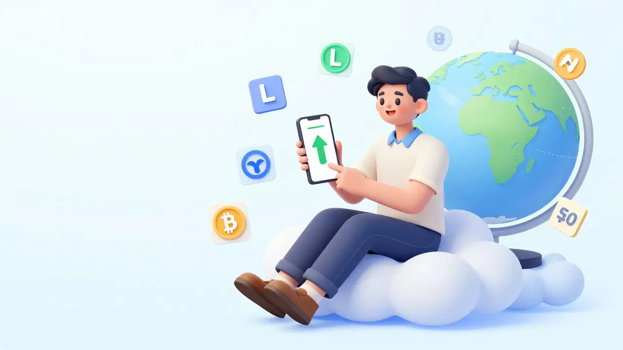 Happy trader using a mobile app with floating cryptocurrency icons and a global connection map.
