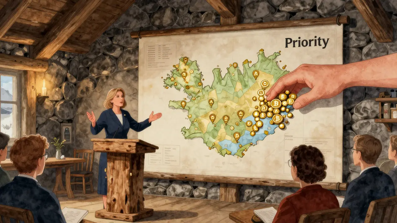 Icelandic leader prioritizing AI and tourism over crypto mining in a storybook hall