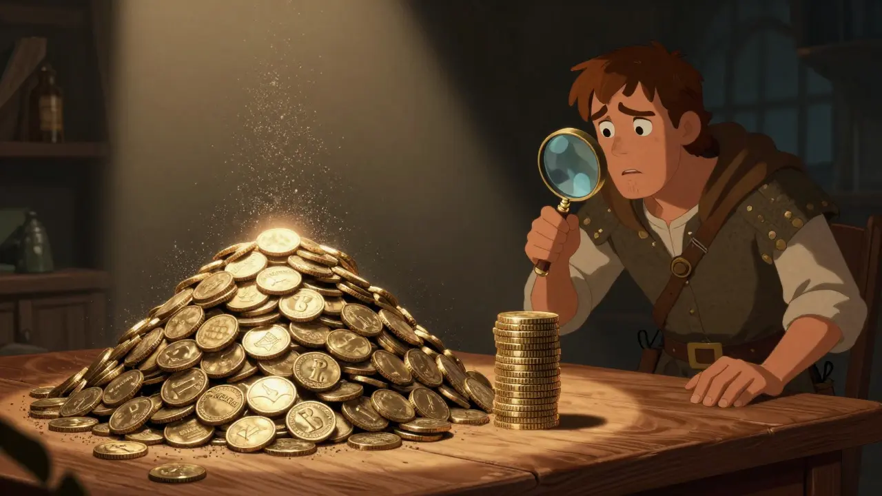 Illustration comparing a massive pile of dust-like tokens to a small stack of solid coins on a table