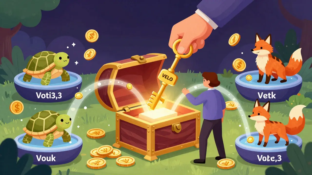Illustration of a user locking VELO tokens to direct rewards in a fantasy setting