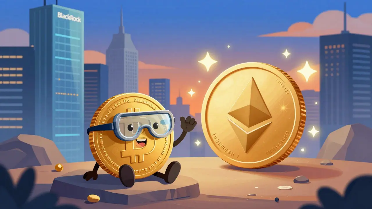 Illustration of Bitcoin and Ethereum characters showing different ETF traits