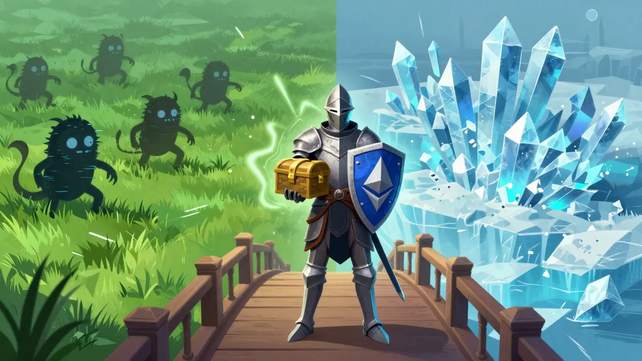 Knight protecting assets while crossing a bridge between blockchain realms