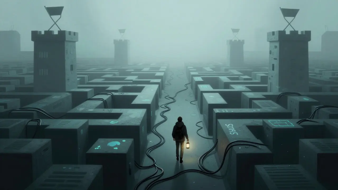 Lone traveler navigating a complex, foggy maze representing underground DeFi markets.