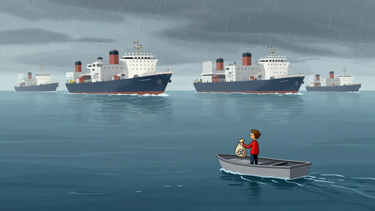 Lonely boat on calm sea representing low liquidity for meme coin trading