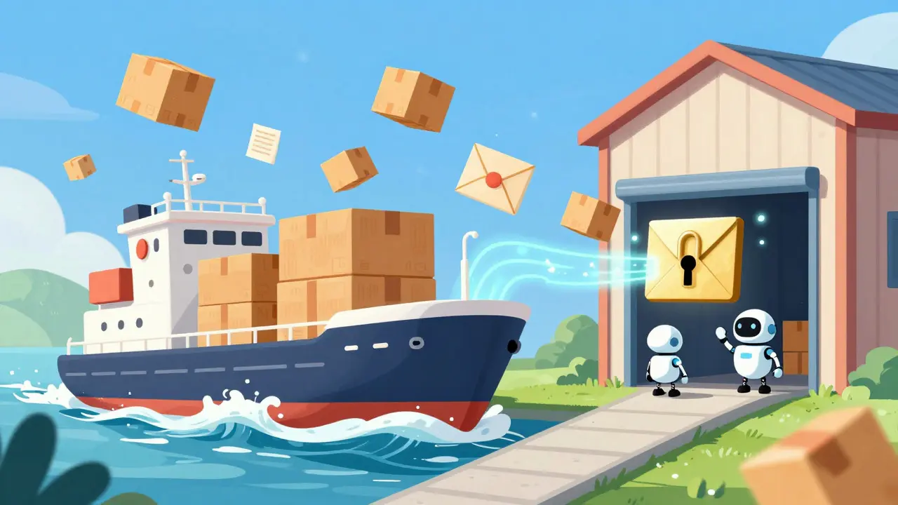 Magical cargo ship delivering goods directly via glowing smart contract links
