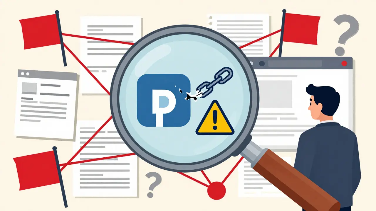 Magnifying glass revealing red flags like inactive code and anonymous teams in a cartoon.