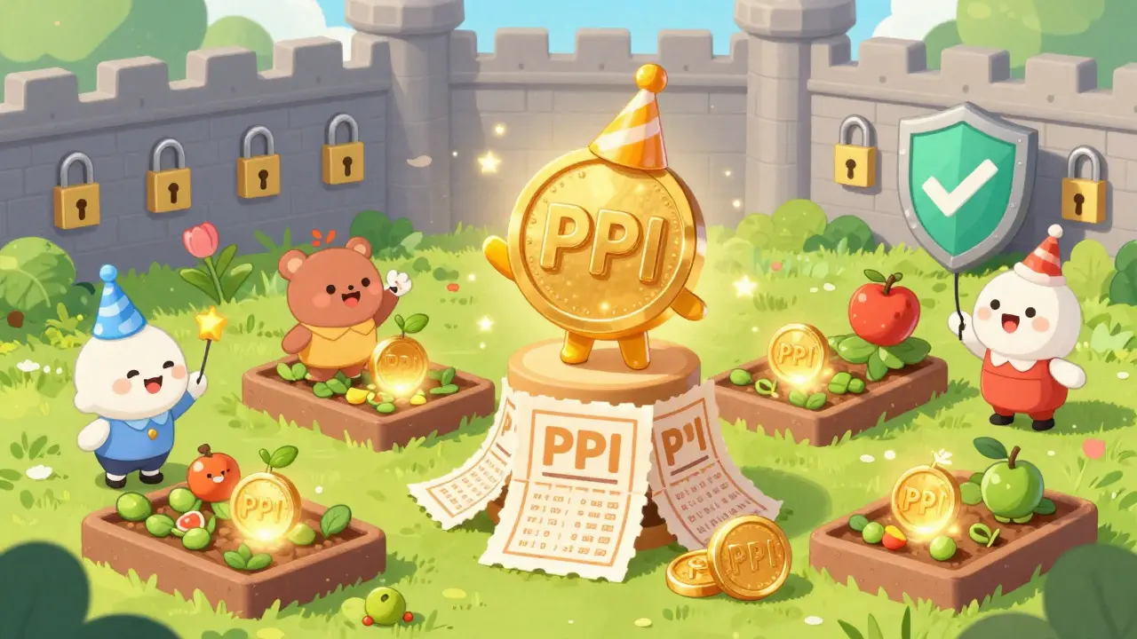 PPI token character celebrating with staking gardens and security shields