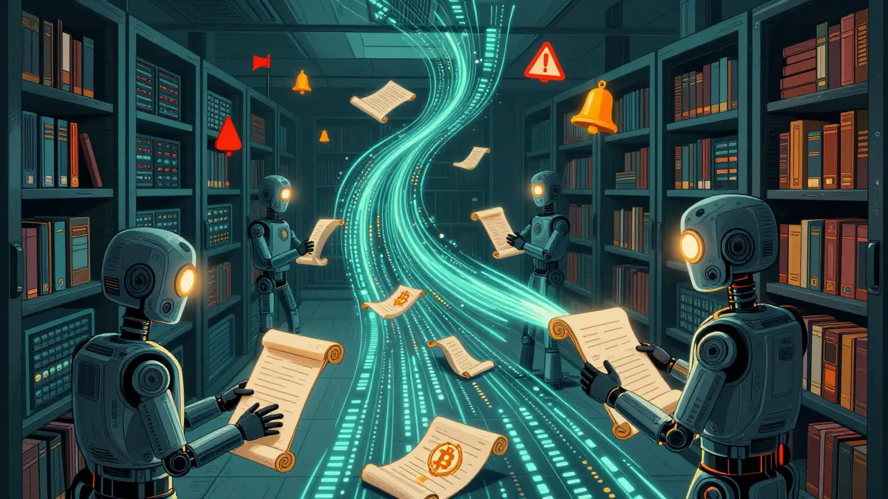 Robots scanning crypto transactions in library