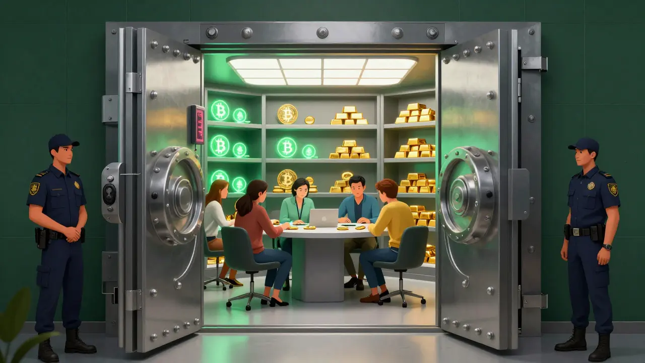Secure vault with digital coins symbolizing strict crypto exchange rules
