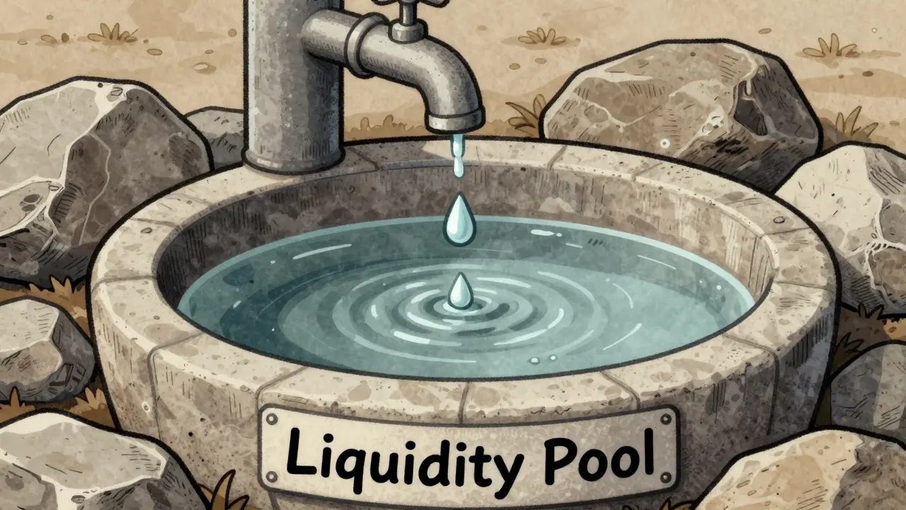 Shallow stone basin with single water drop symbolizing low liquidity