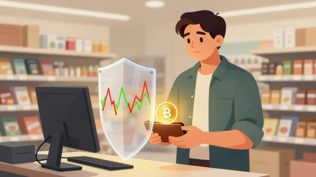 Shopper protected by stablecoin shield from market volatility at checkout.