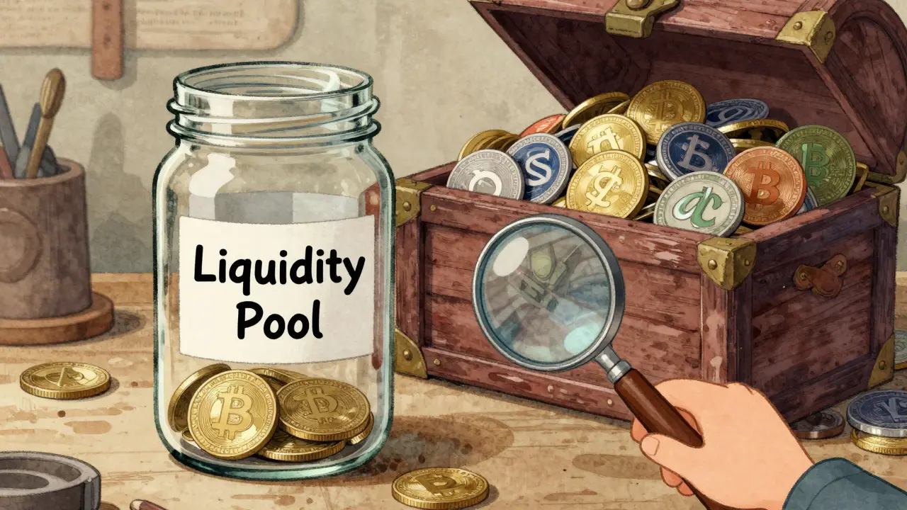 Small liquidity pool jar compared to a large treasure chest in a storybook style