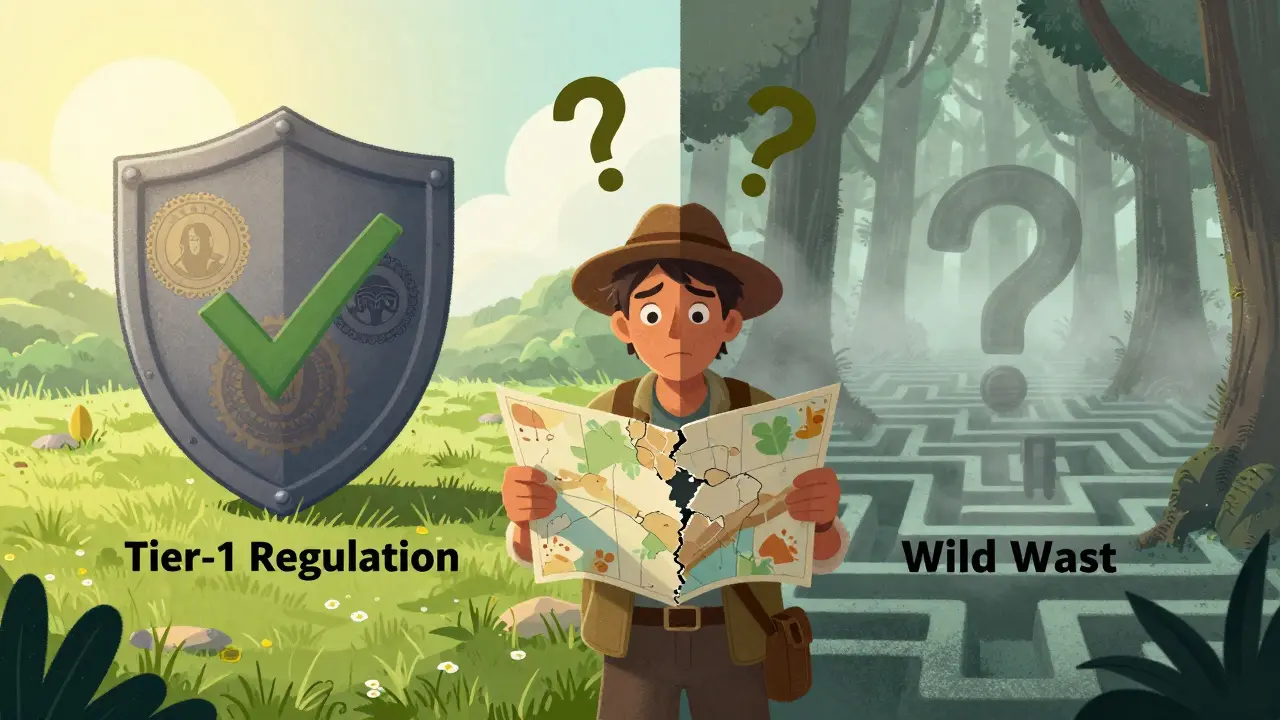 Split illustration of regulatory safety vs wild west confusion in crypto markets