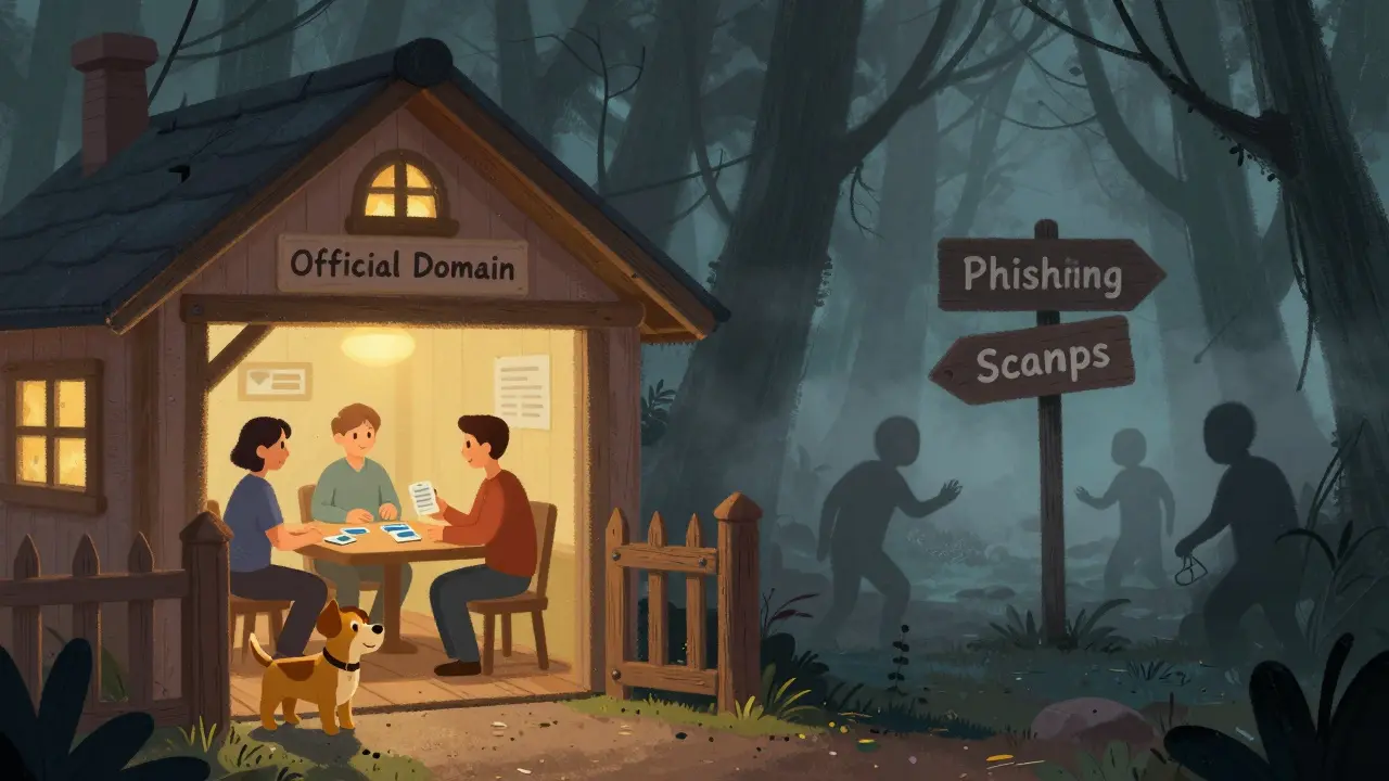 Storybook scene contrasting a safe official site with a spooky phishing scam forest