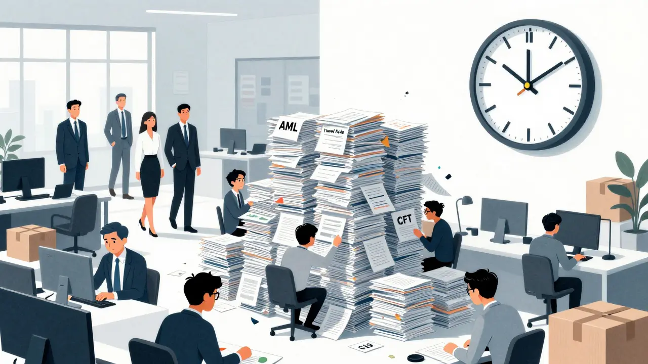 Stressed founders overwhelmed by compliance paperwork while elites leave