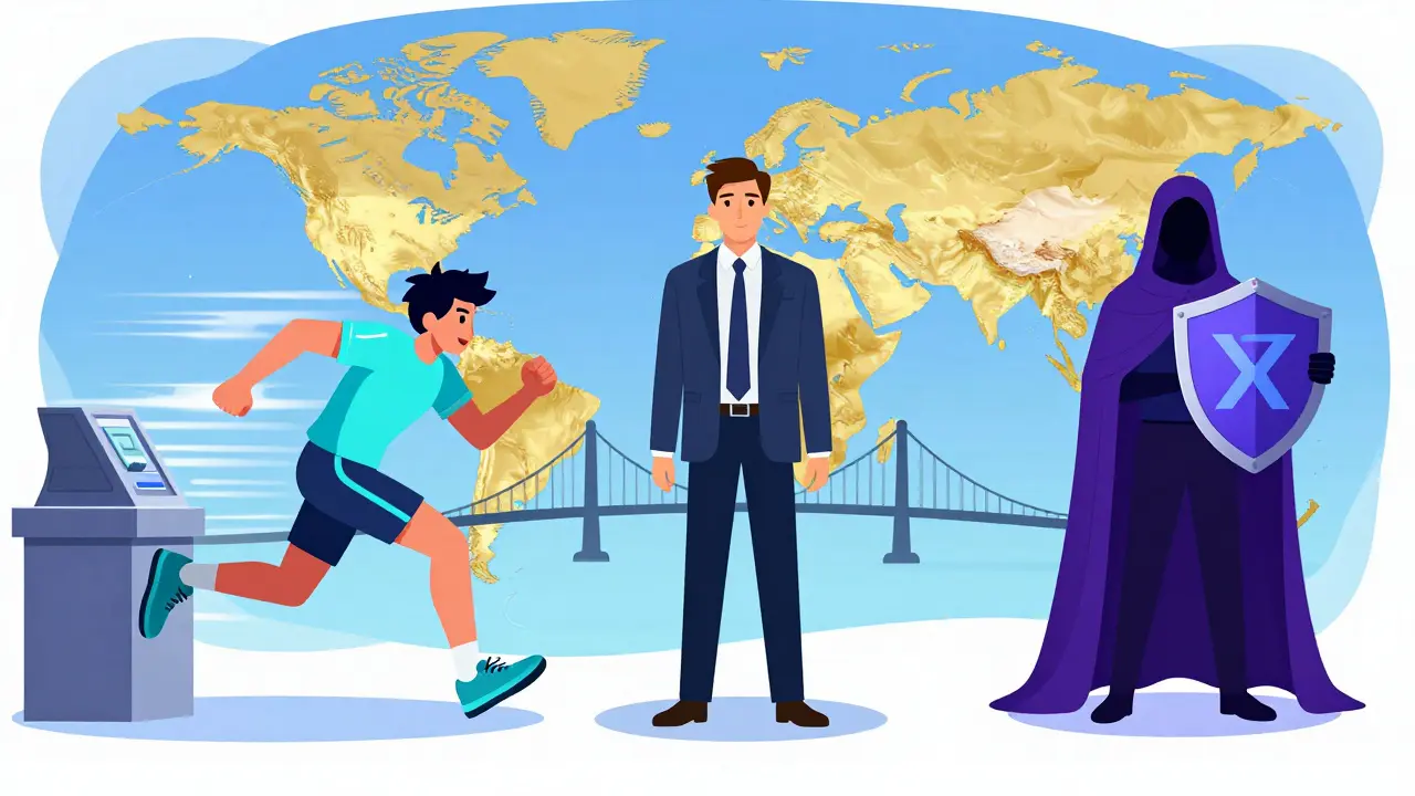 Three illustrated characters representing speed, banking, and privacy cryptos.