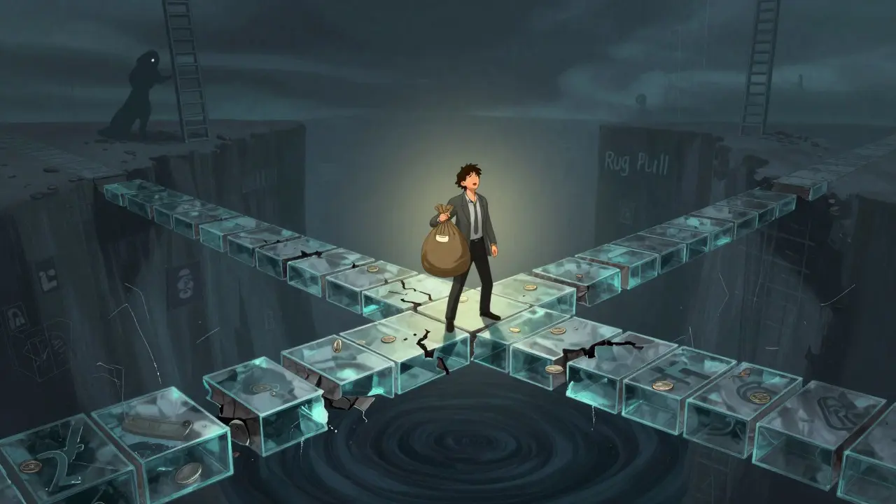 Trader standing on a cracking glass bridge over an abyss, symbolizing high-risk crypto liquidity