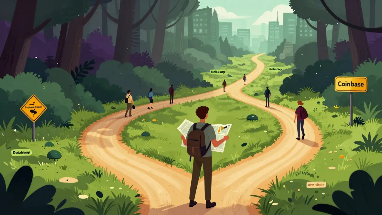 Traveler choosing between dark risky path and bright safe highway