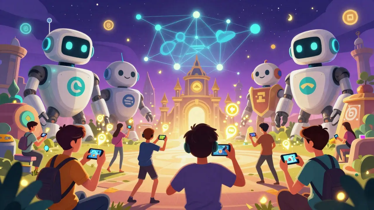 Vibrant storybook scene of gamers earning points in a secure, investor-backed gaming kingdom.
