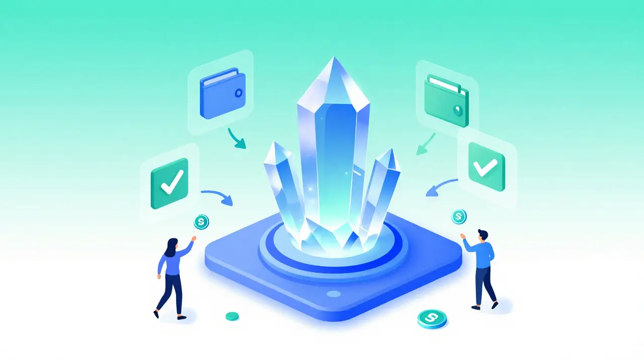 Whimsical drawing of a glowing blockchain crystal surrounded by wallet icons and users.