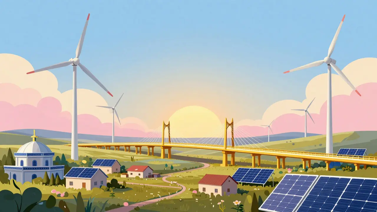 Wind turbines and solar panels powering a stable, connected national energy grid.