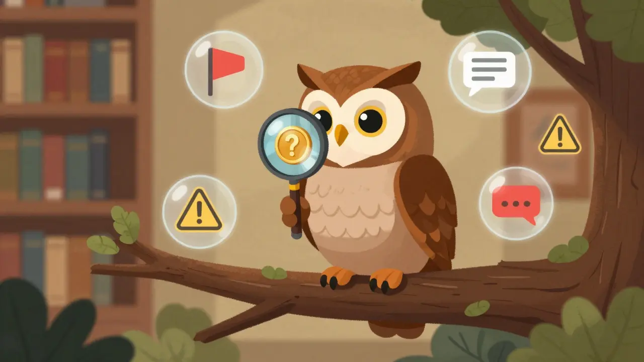 Wise owl examining a suspicious coin with red flags