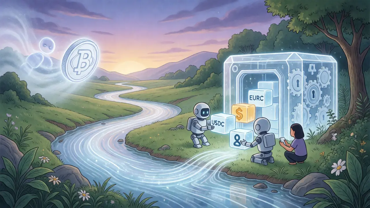 A futuristic landscape showing compliant stablecoins being secured in a vault while USDT fades away.