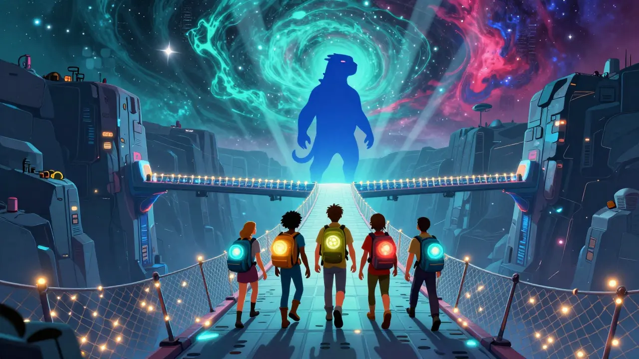 Adventurers crossing a light-bridge toward a starry future, protected by a giant blue creature