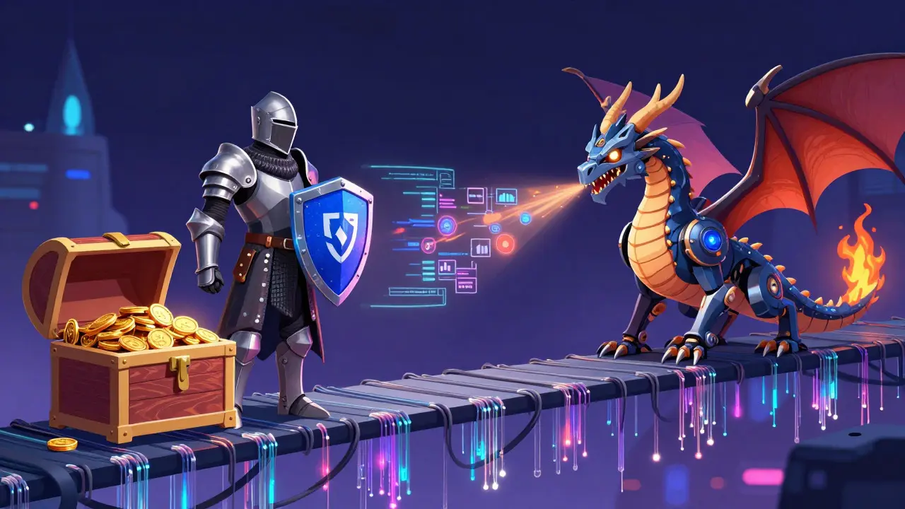 Armored VPN knight facing off against algorithmic dragon on data bridge