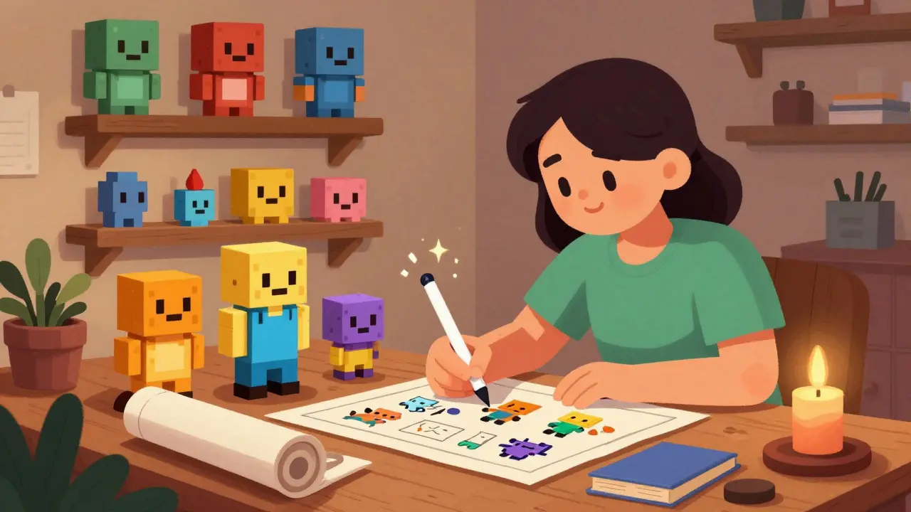 Artist creating 3D voxel characters in a magical, cozy workshop