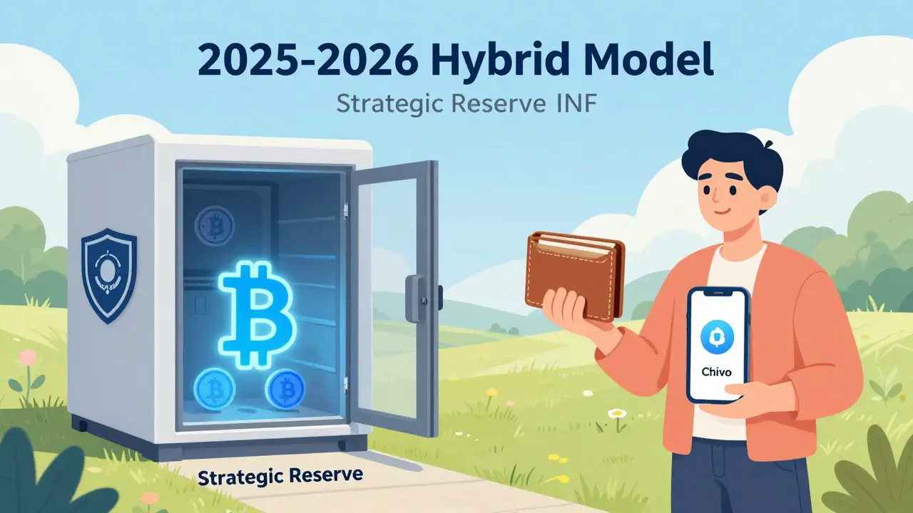 Balanced scene showing regulated crypto reserves and voluntary use