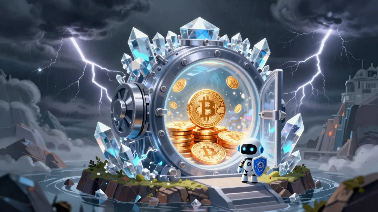 Bitcoin coins secured inside a crystal vault protecting them from a storm